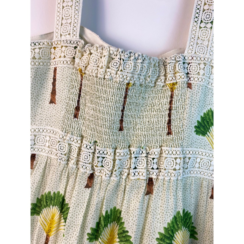 Calypso St Barth Tiered Maxi Dress Size L Palm Tree Print Crochet Trim Cotton - Picture 8 of 11